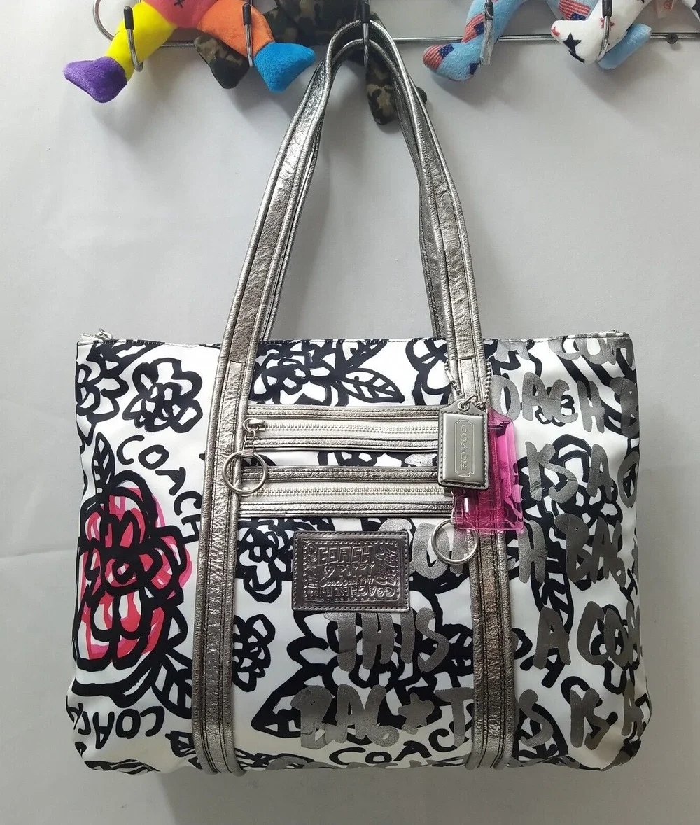 Coach Poppy Multicolor Satin Leather Trim Zipper Pocket Tote Shoulder Bag